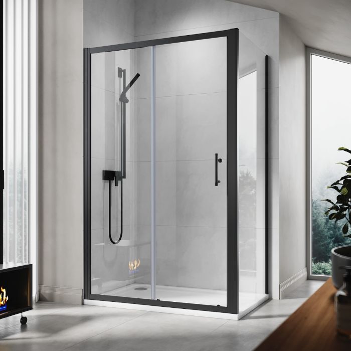 NILE 1200 x 800mm Black Sliding Shower Enclosure Reversible Cubicle Door Screen Panel With Side Panel