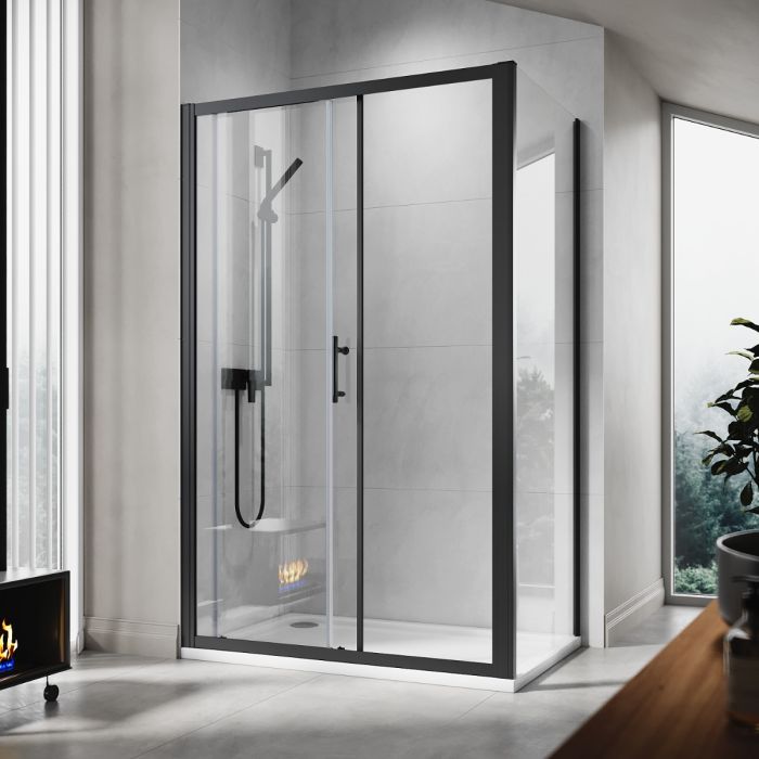 NILE 1200 x 800mm Black Sliding Shower Enclosure Reversible Cubicle Door Screen Panel With Side Panel
