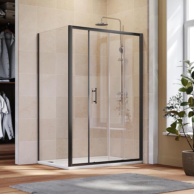 NILE 1200mm x 900mm Black Sliding Shower Enclosure 6mm Glass Reversible Cubicle Door Screen Panel + Side Panel