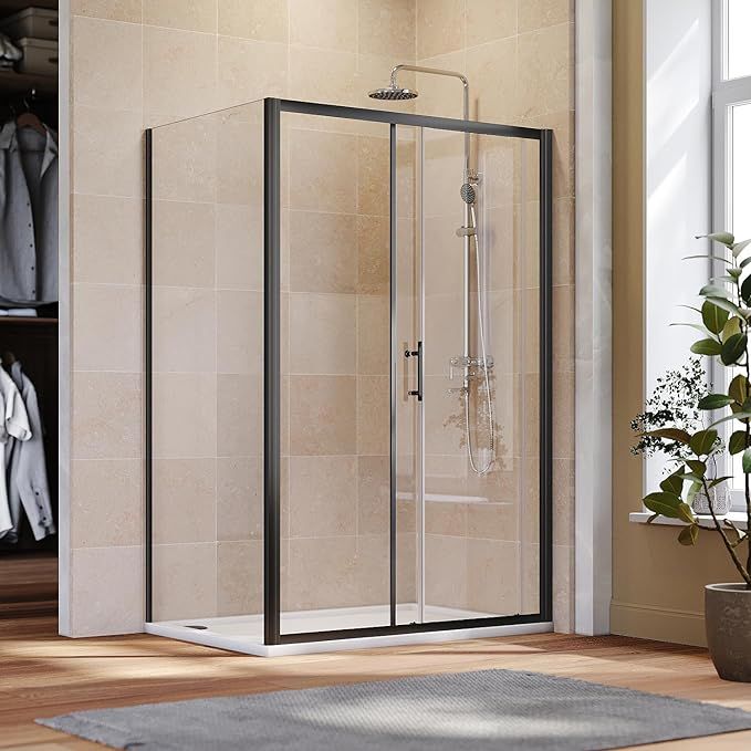 NILE 1200mm x 900mm Black Sliding Shower Enclosure 6mm Glass Reversible Cubicle Door Screen Panel + Side Panel