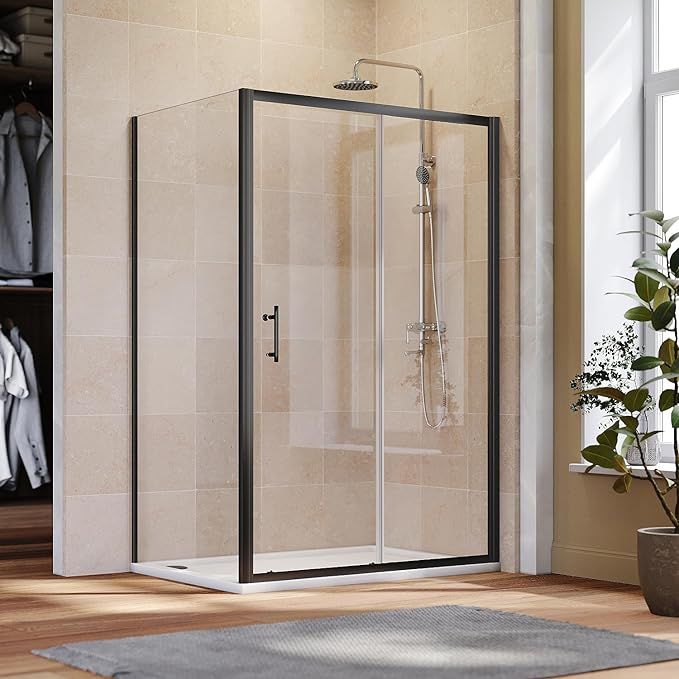 NILE 1200mm x 900mm Black Sliding Shower Enclosure 6mm Glass Reversible Cubicle Door Screen Panel + Side Panel