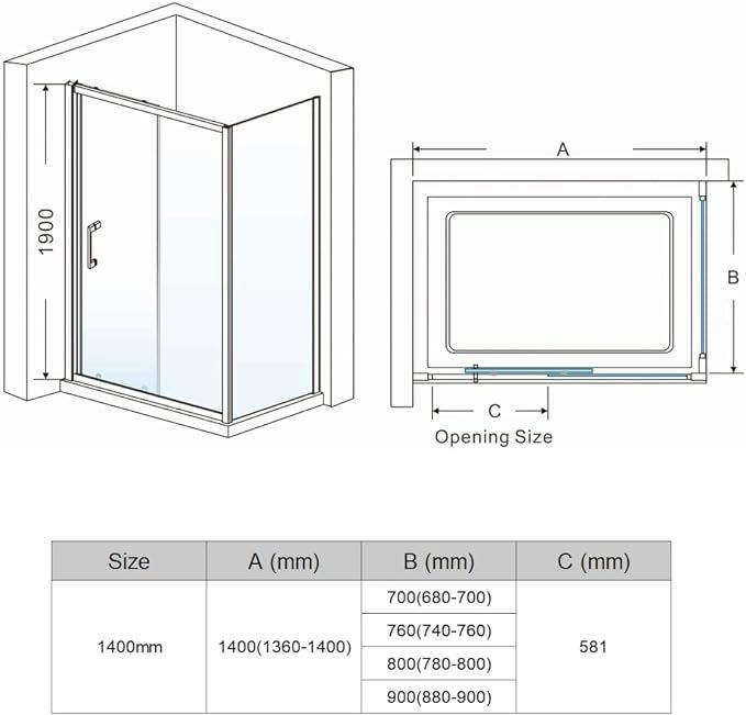 NILE  1400 x 760mm Custom Size Black Sliding Shower Door With Side Panel Shower Enclosure