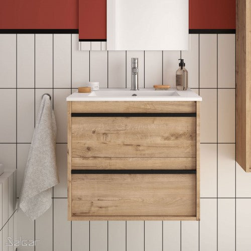 Attila Noir 600mm Wall Hung Basin Unit with Matt Black Handles - Ostippo Oak