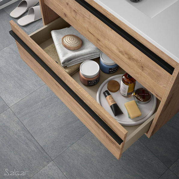 Attila Noir 600mm Wall Hung Basin Unit with Matt Black Handles - Ostippo Oak