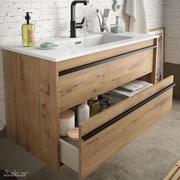 Attila Noir 600mm Wall Hung Basin Unit with Matt Black Handles - Ostippo Oak
